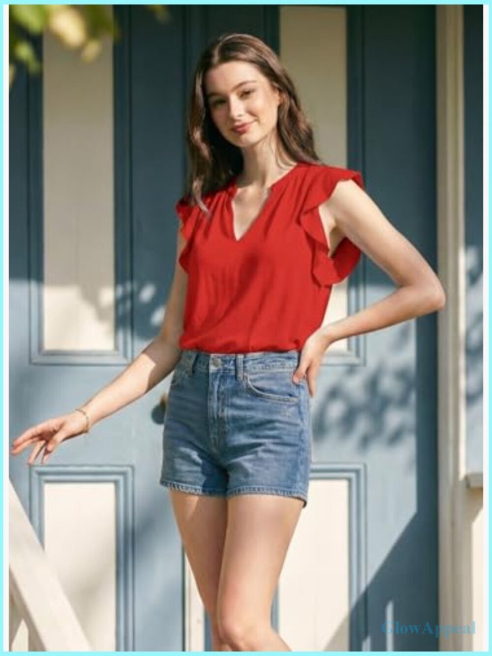 Women's V-Neck Ruffle Sleeve Tank Top Summer Casual Lightweight Polyester - Picture 4 of 7